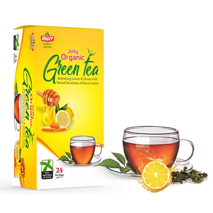 Jolly Organic Green Tea | Refreshing Lemon & Honey with Stevia Leaves - 24 Tea Bags