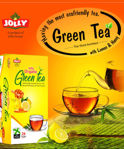 Jolly Organic Green Tea | Refreshing Lemon & Honey with Stevia Leaves - 24 Tea Bags